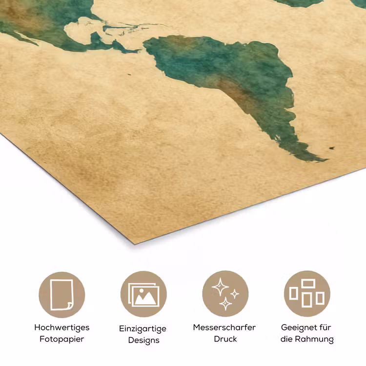 Wereldkaart - Aquarelstijl - Oud papier poster papier klein -tcloseup_DE