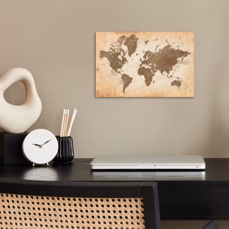 Wereldkaart - Beige - Bruin poster papier klein -sfeer1
