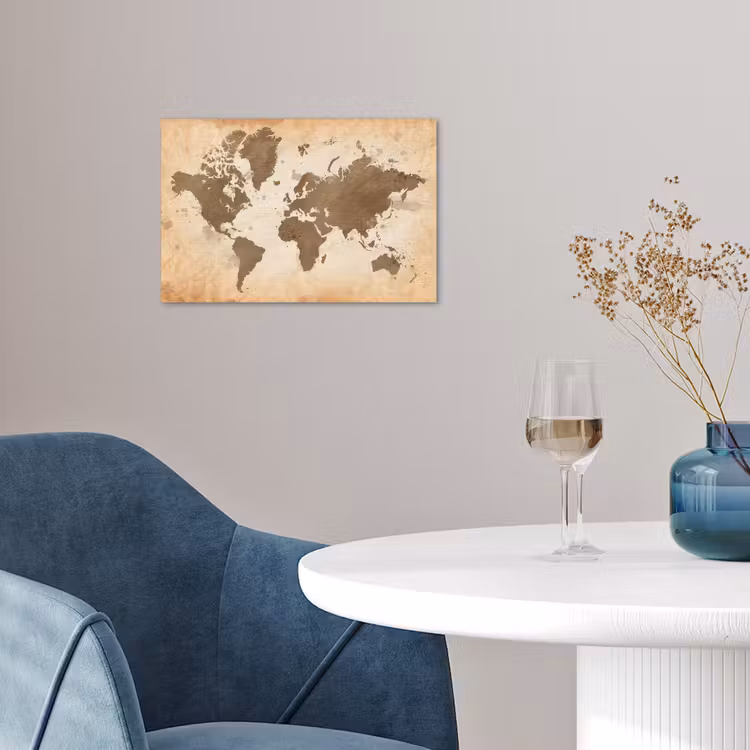 Wereldkaart - Beige - Bruin poster papier klein -sfeer3