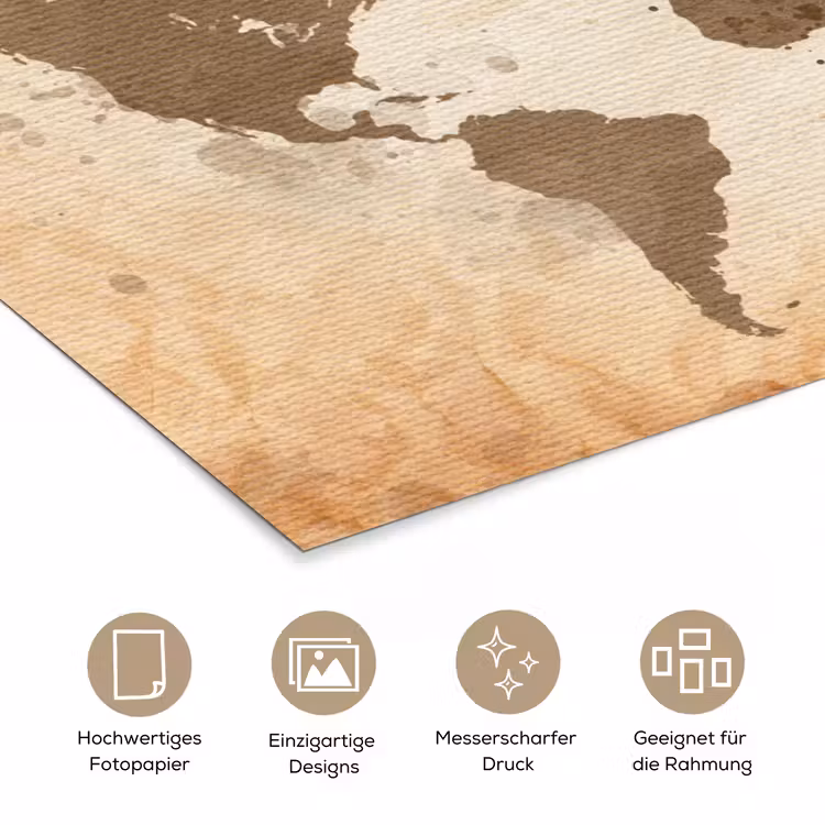 Wereldkaart - Beige - Bruin poster papier klein -tcloseup_DE