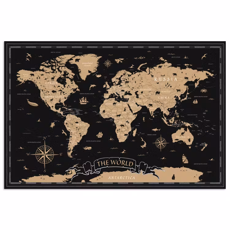 Wereldkaart - Beige - Zwart poster papier klein -3d
