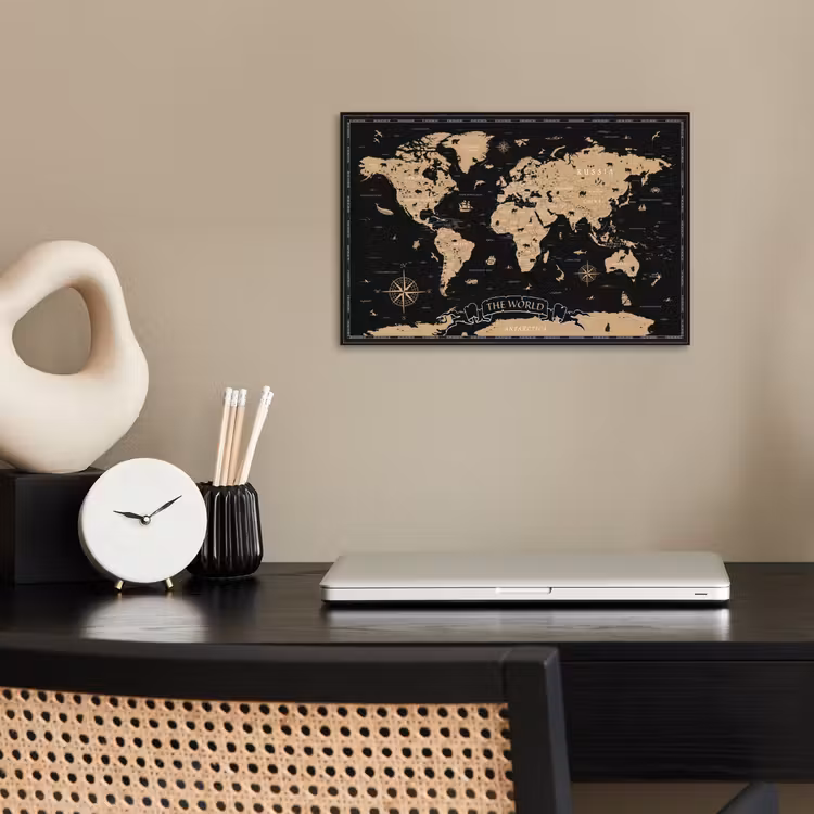Wereldkaart - Beige - Zwart poster papier klein -sfeer1