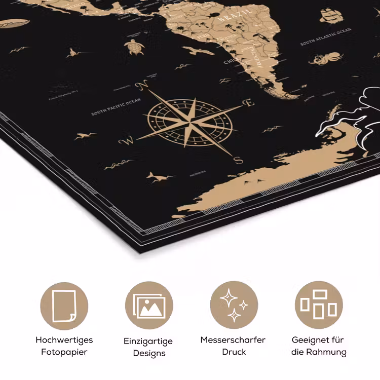 Wereldkaart - Beige - Zwart poster papier klein -tcloseup_DE