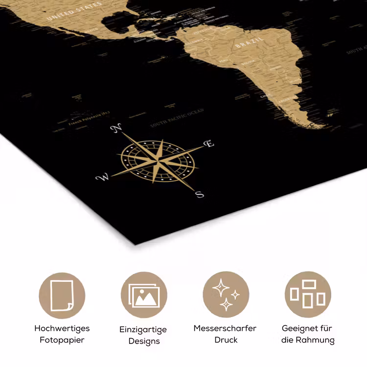 Wereldkaart - Beige - Zwart poster papier klein -tcloseup_DE