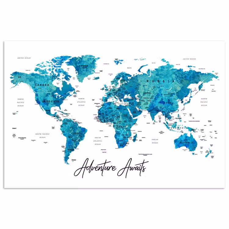 Wereldkaart - Blauw - Kleurrijk poster papier klein -3d