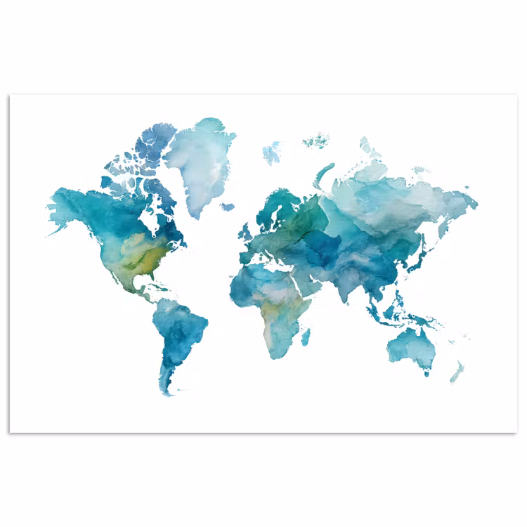 Wereldkaart - Blauw - Geschilderd - Transparant poster papier klein -3d
