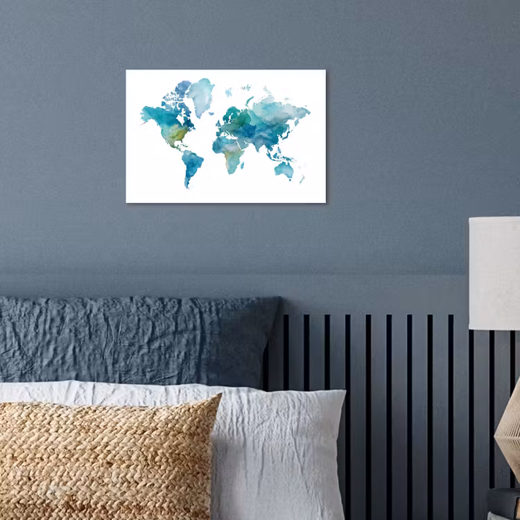 Wereldkaart - Blauw - Geschilderd - Transparant poster papier klein -sfeer2