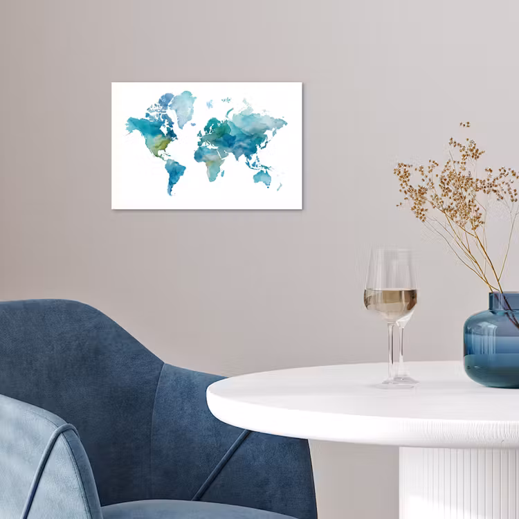 Wereldkaart - Blauw - Geschilderd - Transparant poster papier klein -sfeer3
