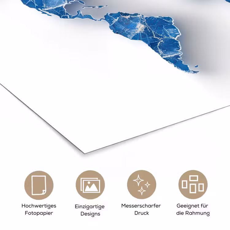 Wereldkaart - Blauwe stedenstructuur poster papier klein -tcloseup_DE