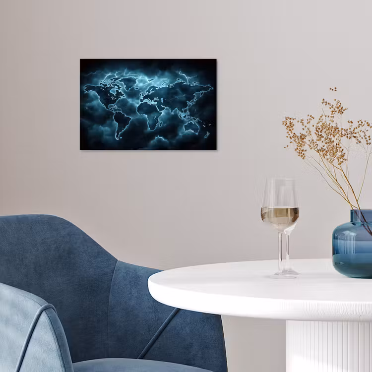 Wereldkaart - Bliksem - Blauw poster papier klein -sfeer3