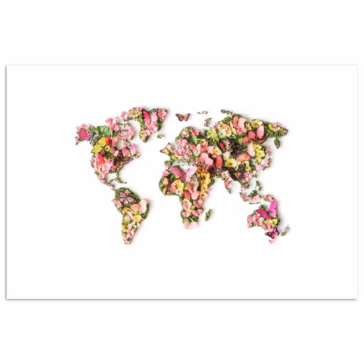 Wereldkaart - Bloemen - Felgekleurd poster papier klein -3d