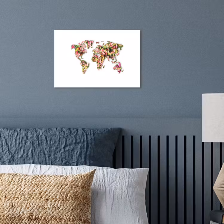 Wereldkaart - Bloemen - Felgekleurd poster papier klein -sfeer2