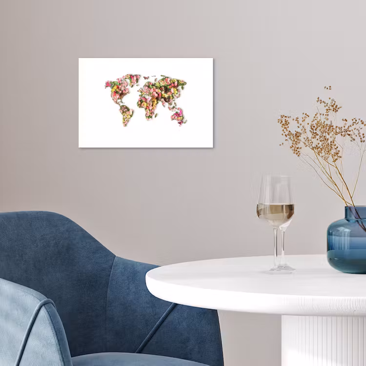 Wereldkaart - Bloemen - Felgekleurd poster papier klein -sfeer3