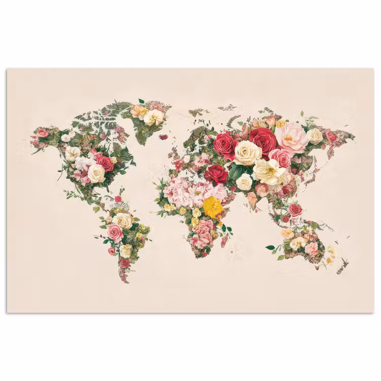 Wereldkaart - Bloemen - Roze poster papier klein -3d