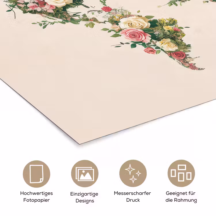 Wereldkaart - Bloemen - Roze poster papier klein -tcloseup_DE