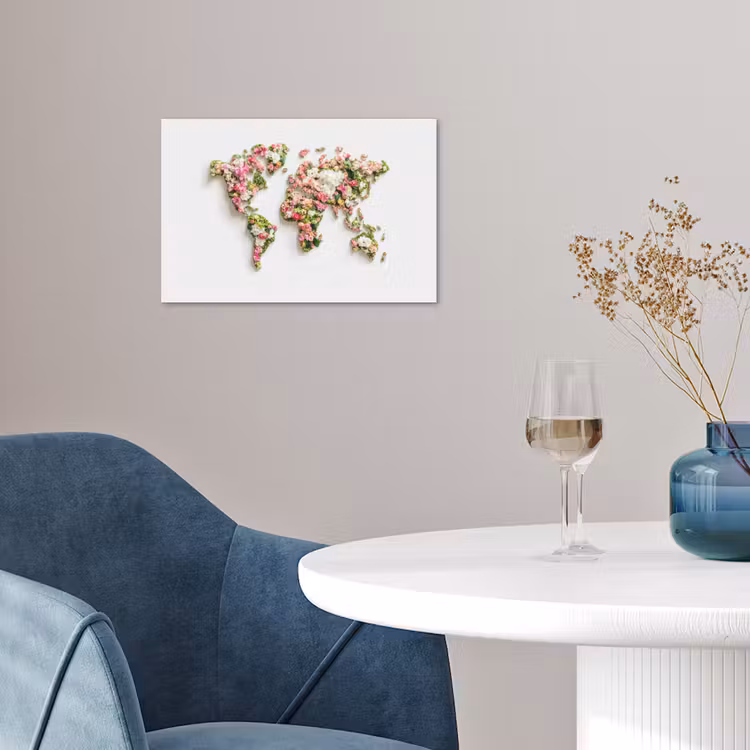 Wereldkaart - Bloemen - Subtiel poster papier klein -sfeer3