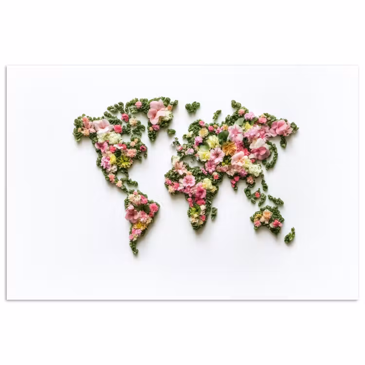 Wereldkaart - Kleurrijk - Bloemen - Lente poster papier klein -3d