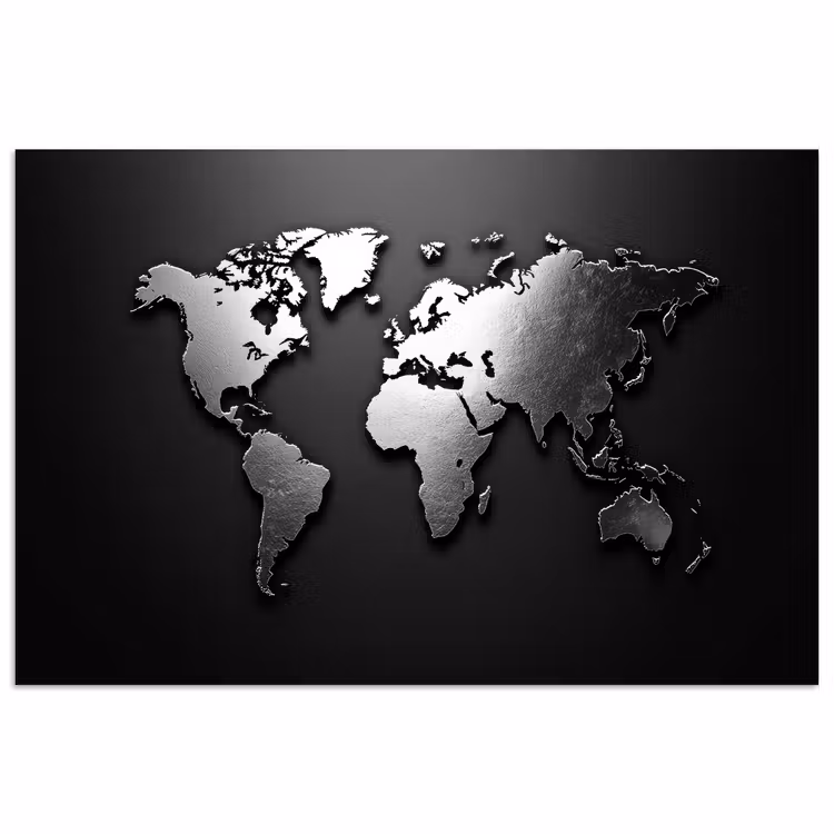 Wereldkaart - Chrome - Zilver - Zwart poster papier klein -3d