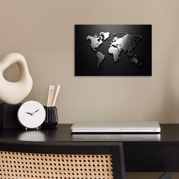 Wereldkaart - Chrome - Zilver - Zwart poster papier klein -sfeer1