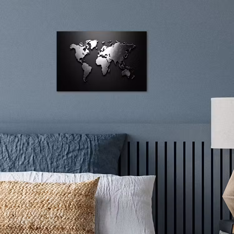 Wereldkaart - Chrome - Zilver - Zwart poster papier klein -sfeer2