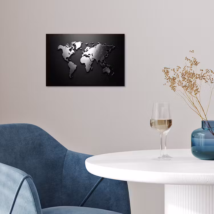 Wereldkaart - Chrome - Zilver - Zwart poster papier klein -sfeer3