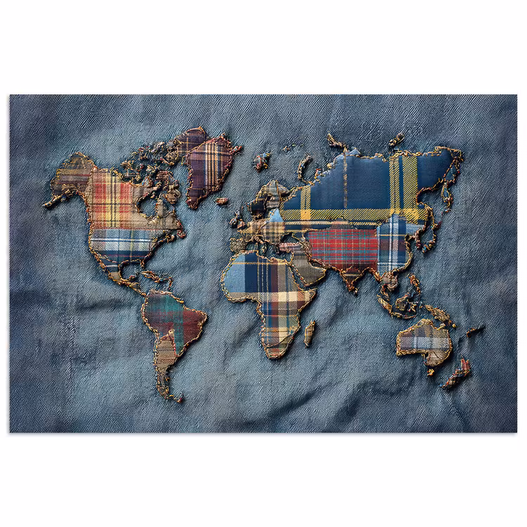 Wereldkaart - Denim - Textiel poster papier klein -3d