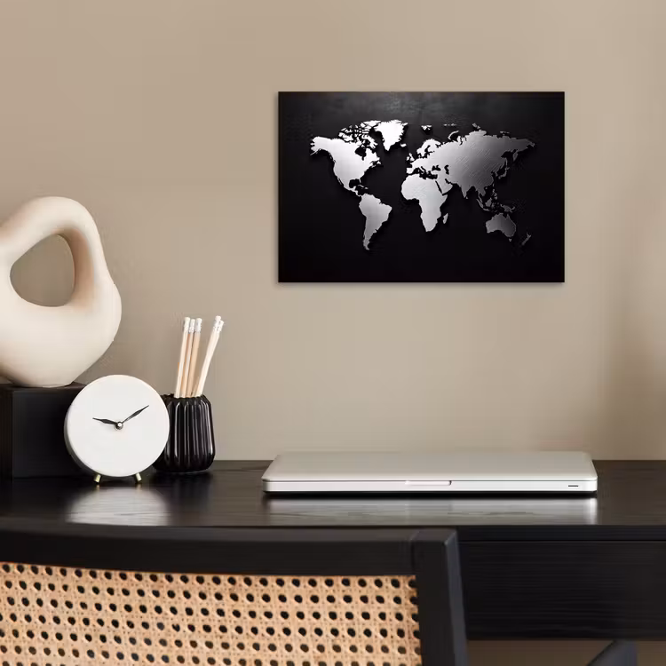 Wereldkaart - Donker - Zilver - Zwart poster papier klein -sfeer1