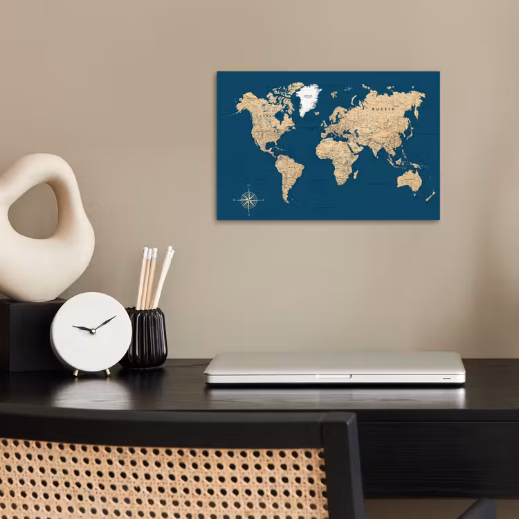 Wereldkaart - Donkerblauw - Beige poster papier klein -sfeer1