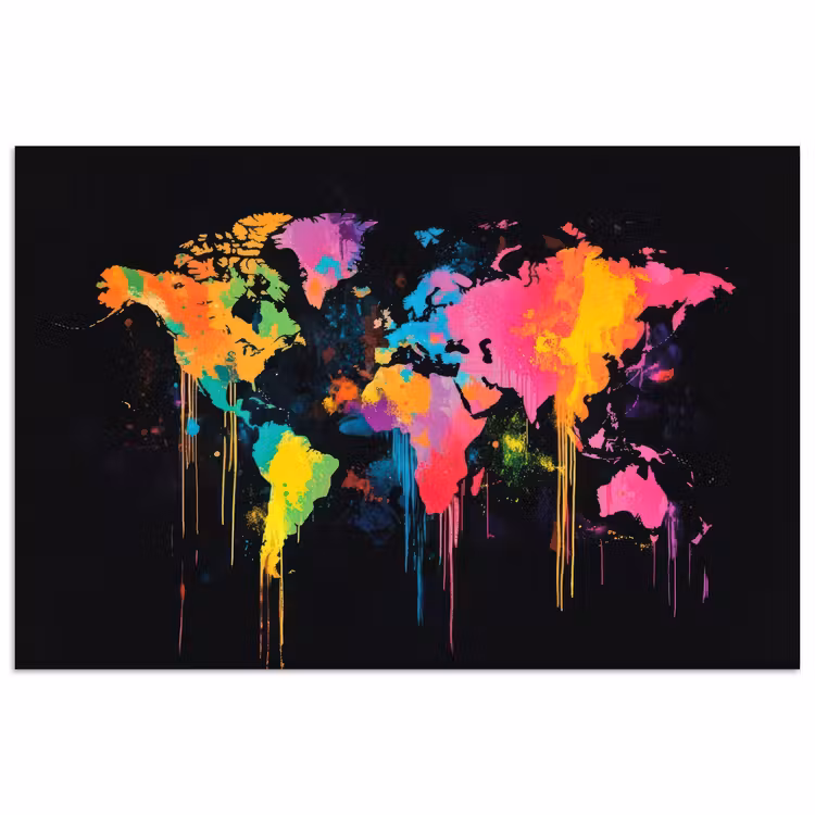 Wereldkaart - Verfspatten - Gekleurd - Druppels poster papier klein -3d