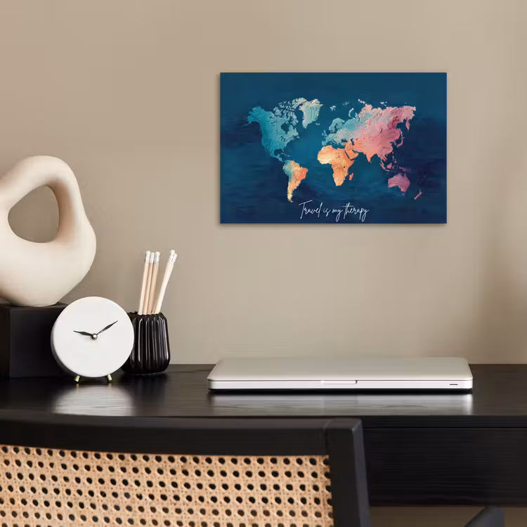 Wereldkaart - Geschilderd - Blauw - Travel poster papier klein -sfeer1