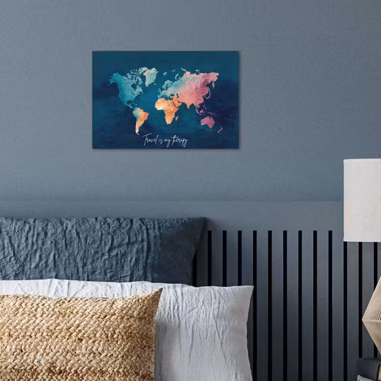 Wereldkaart - Geschilderd - Blauw - Travel poster papier klein -sfeer2