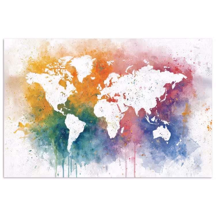 Wereldkaart - Omlijst - Verfspatten - Regenboogkleuren poster papier klein -3d