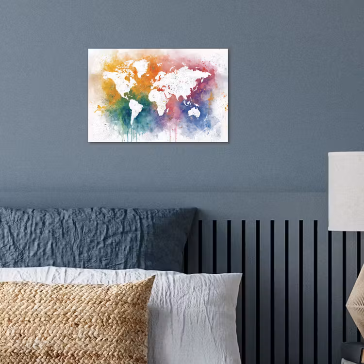 Wereldkaart - Omlijst - Verfspatten - Regenboogkleuren poster papier klein -sfeer2