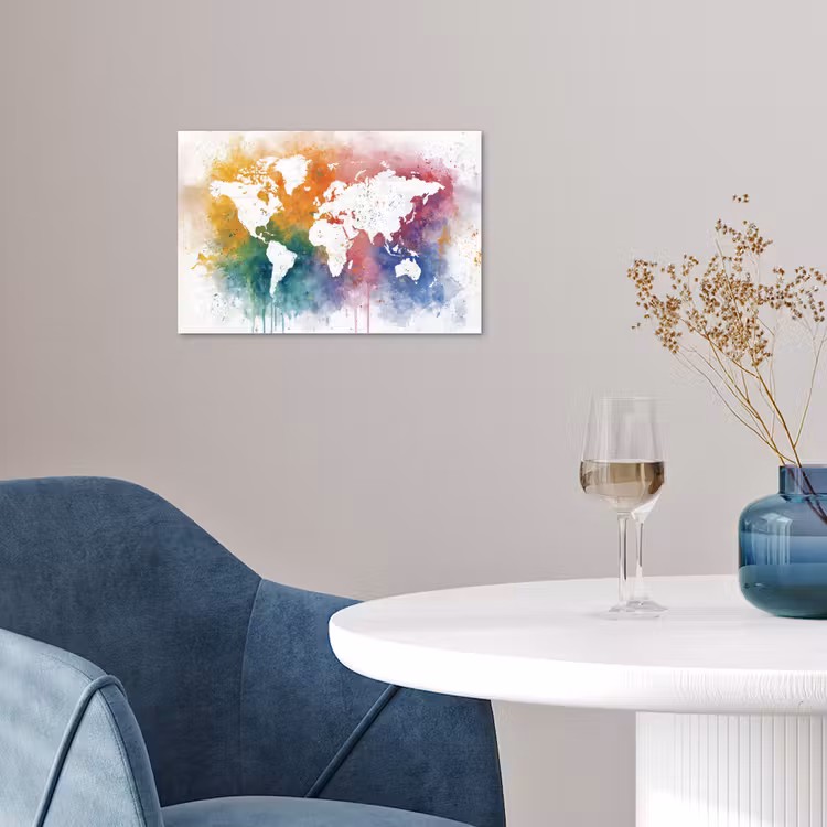 Wereldkaart - Omlijst - Verfspatten - Regenboogkleuren poster papier klein -sfeer3