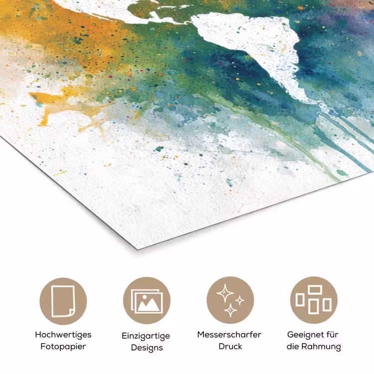 Wereldkaart - Omlijst - Verfspatten - Regenboogkleuren poster papier klein -tcloseup_DE
