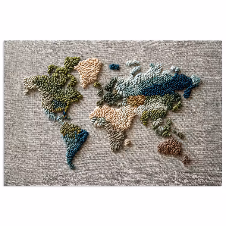 Wereldkaart - Geborduurd - Aardetinten poster papier klein -3d