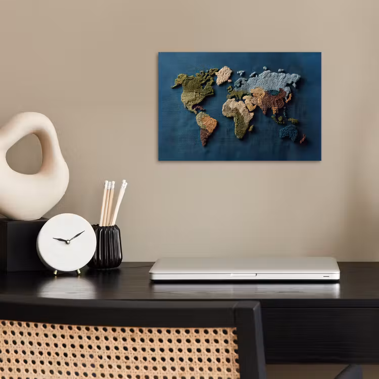 Wereldkaart - Geborduurd - Verschillende tinten poster papier klein -sfeer1