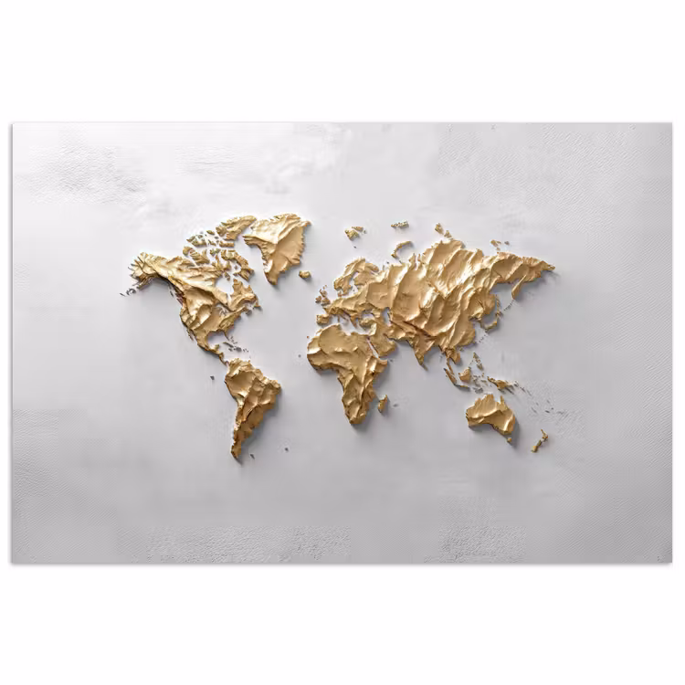Wereldkaart - Egaal wit - Grof goud poster papier klein -3d