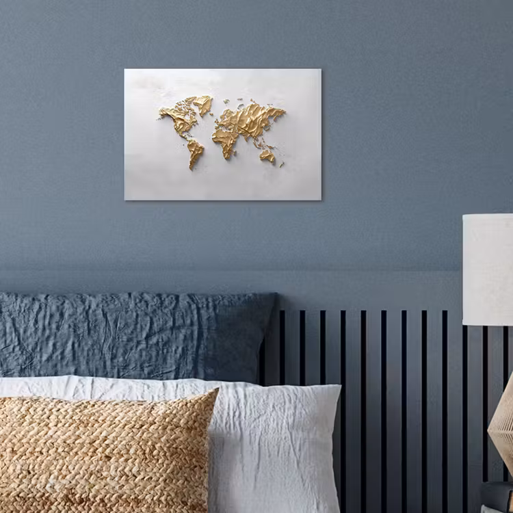 Wereldkaart - Egaal wit - Grof goud poster papier klein -sfeer2