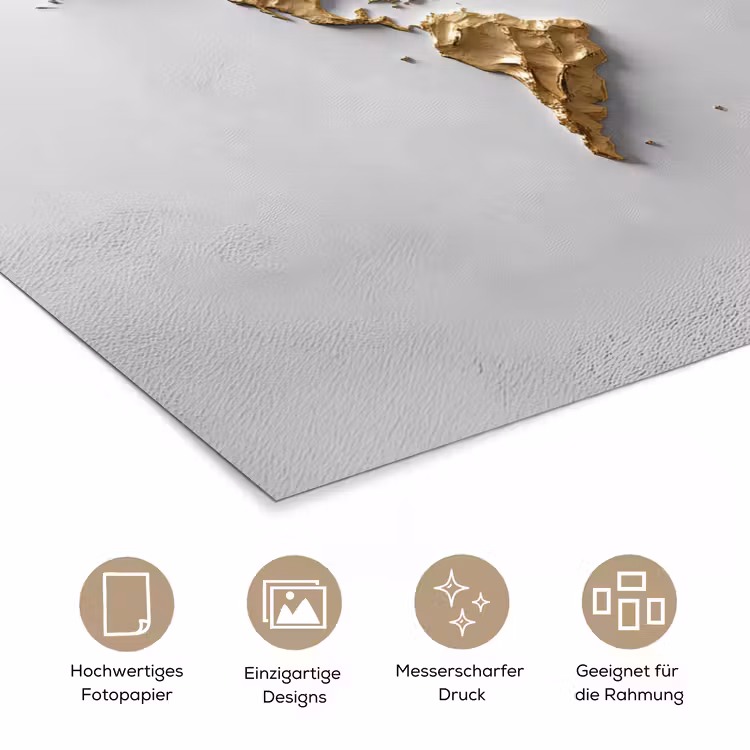 Wereldkaart - Egaal wit - Grof goud poster papier klein -tcloseup_DE