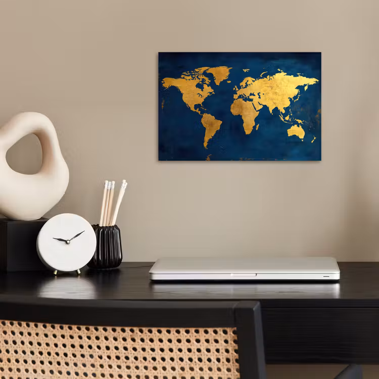 Wereldkaart - Goud - Donkerblauw poster papier klein -sfeer1