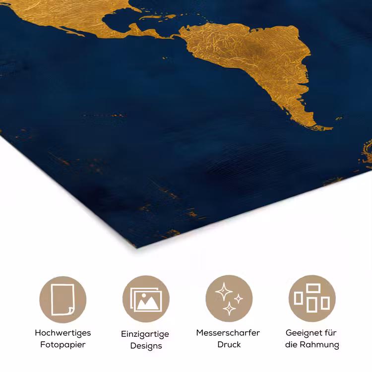 Wereldkaart - Goud - Donkerblauw poster papier klein -tcloseup_DE