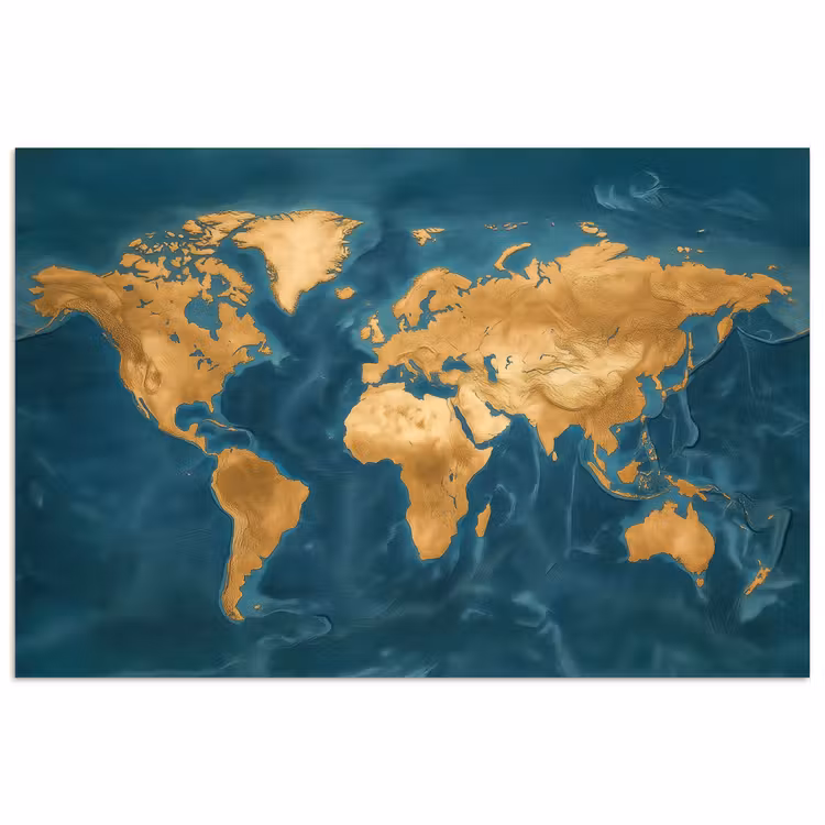 Wereldkaart - Goud - Oceaanblauw poster papier klein -3d