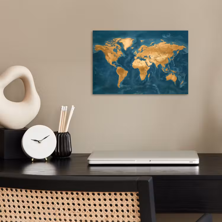 Wereldkaart - Goud - Oceaanblauw poster papier klein -sfeer1