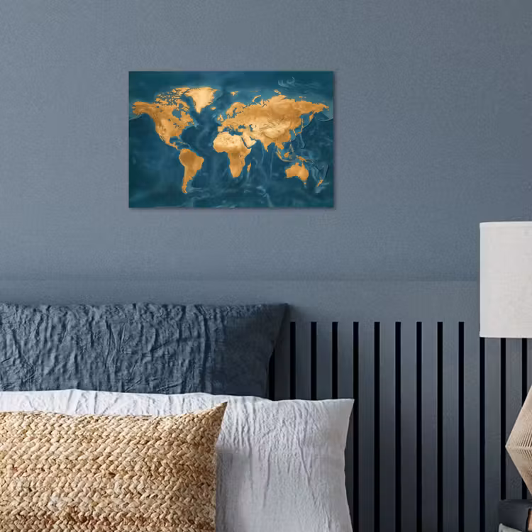 Wereldkaart - Goud - Oceaanblauw poster papier klein -sfeer2