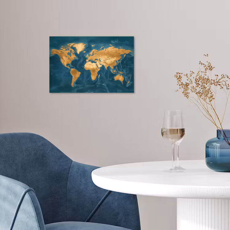Wereldkaart - Goud - Oceaanblauw poster papier klein -sfeer3