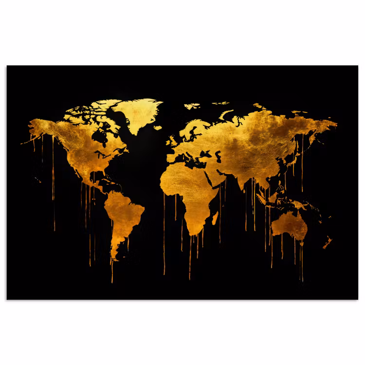Wereldkaart - Goud - Druipen - Zwart poster papier klein -3d