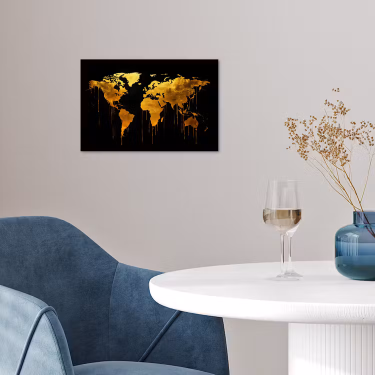Wereldkaart - Goud - Druipen - Zwart poster papier klein -sfeer3
