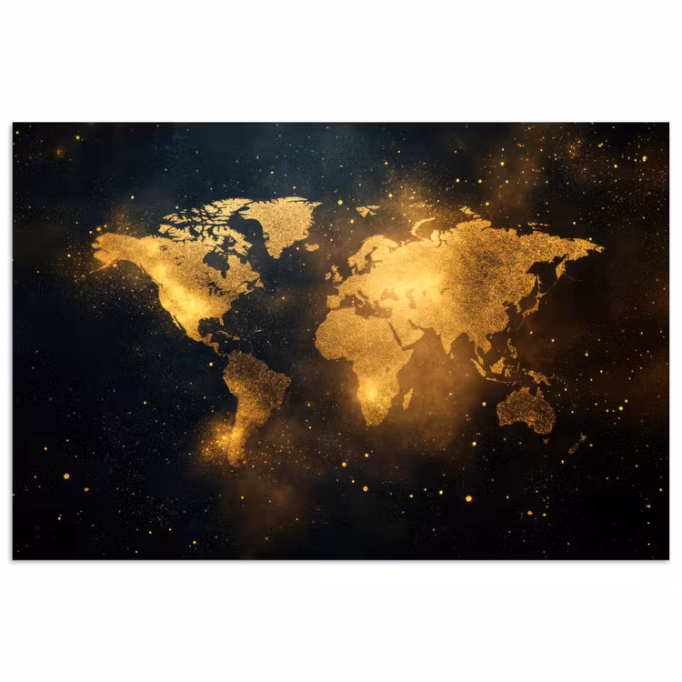 Wereldkaart - Gouden lichtpuntjes - Zwart poster papier klein -3d