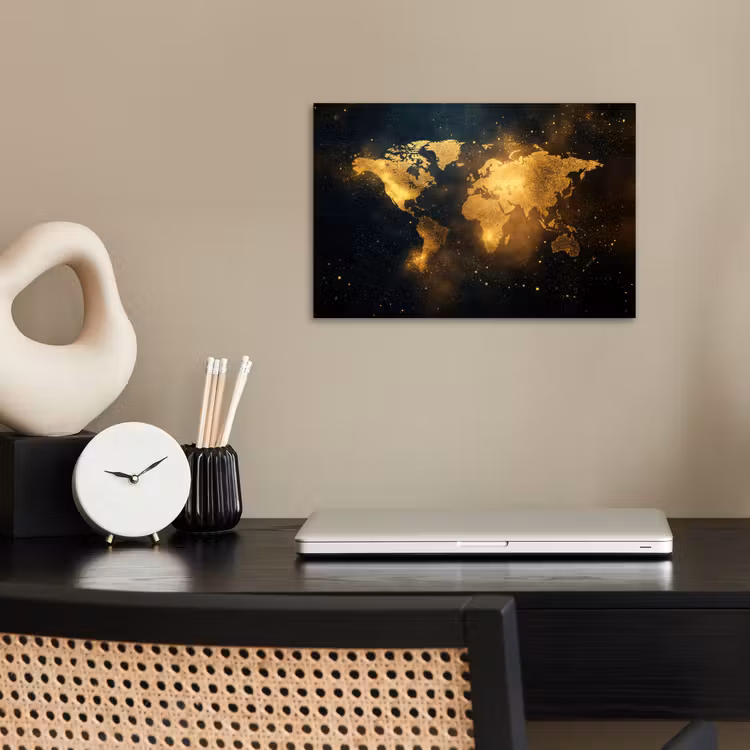Wereldkaart - Gouden lichtpuntjes - Zwart poster papier klein -sfeer1